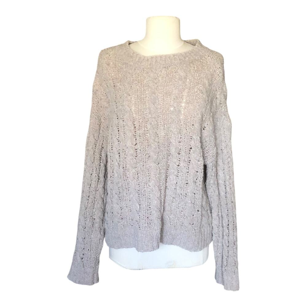 American Eagle Gray Cable Knit Sweater Medium Crochet Open Knit Cozy Pullover